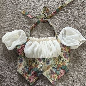 Cider Floral Tapestry Crop Top with White Puff Sleeves